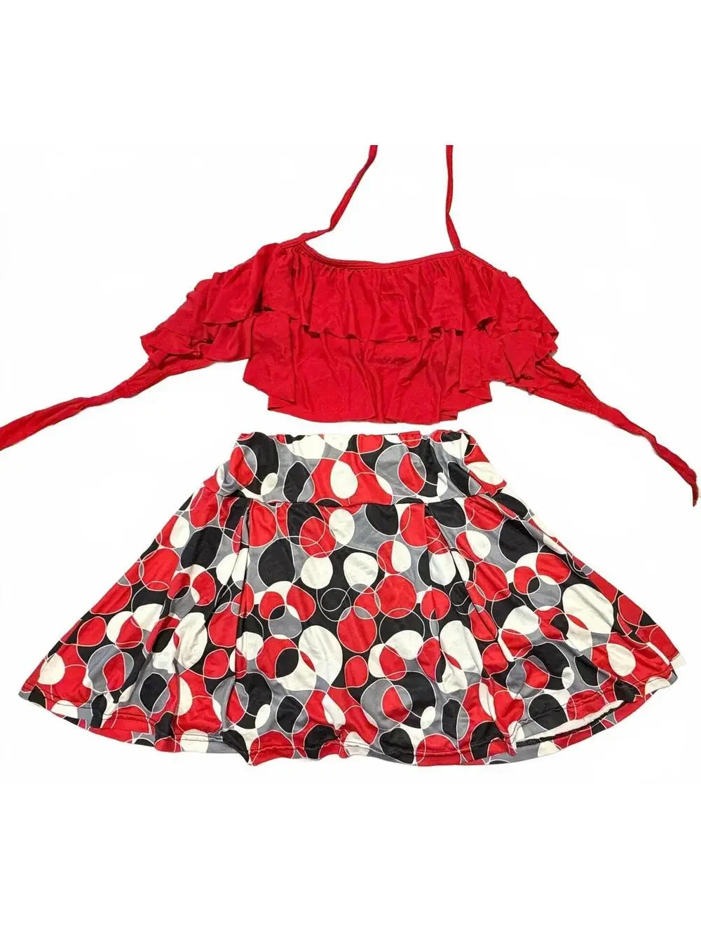 SWIM Two-Piece Swimwear Ruffle Top L, and Printed Skirt Bottom M.